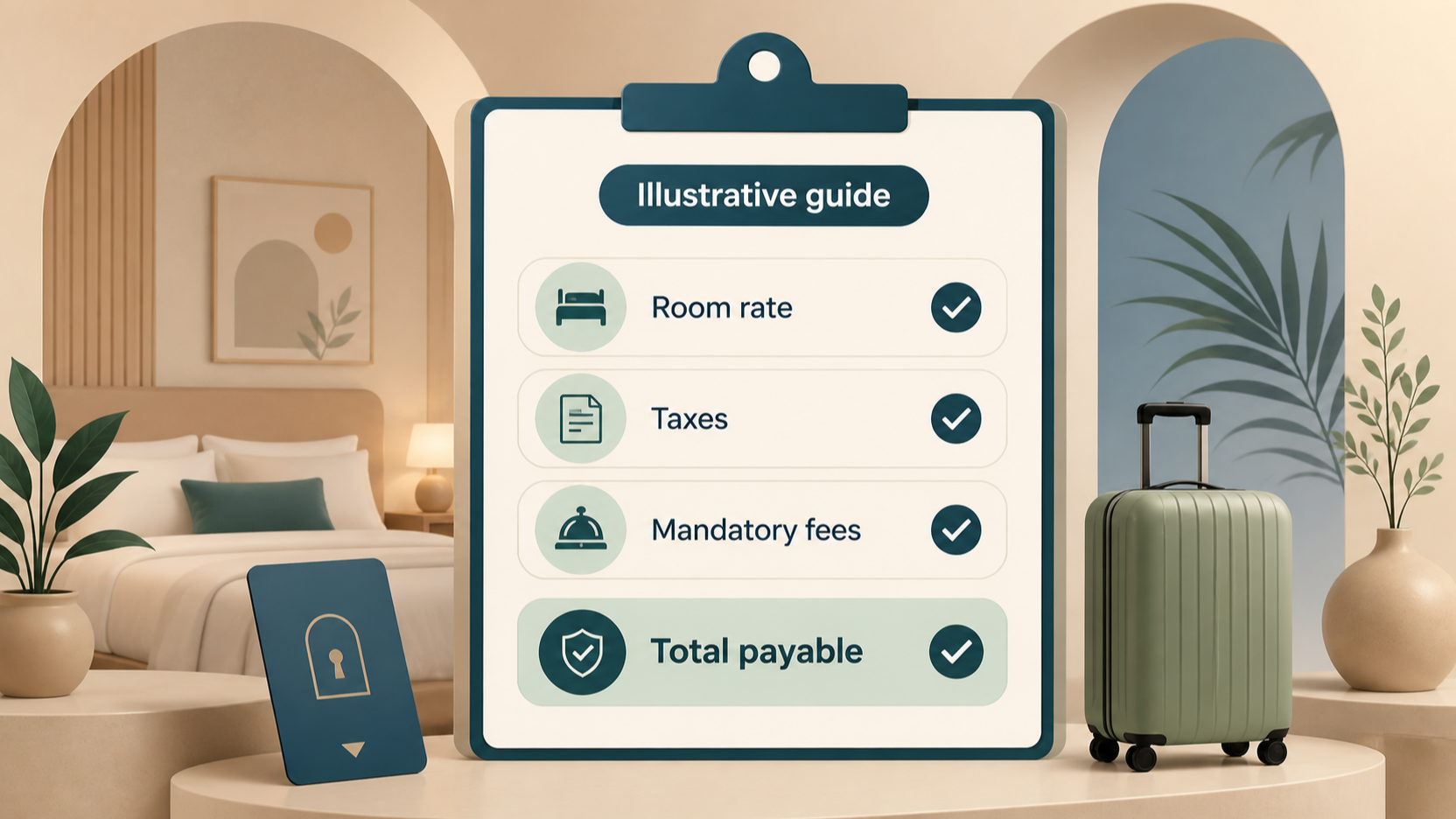 Redaktionelle Illustration zu Hotelportal auswählen: Endpreis, Storno und Support nachvollziehbar prüfen