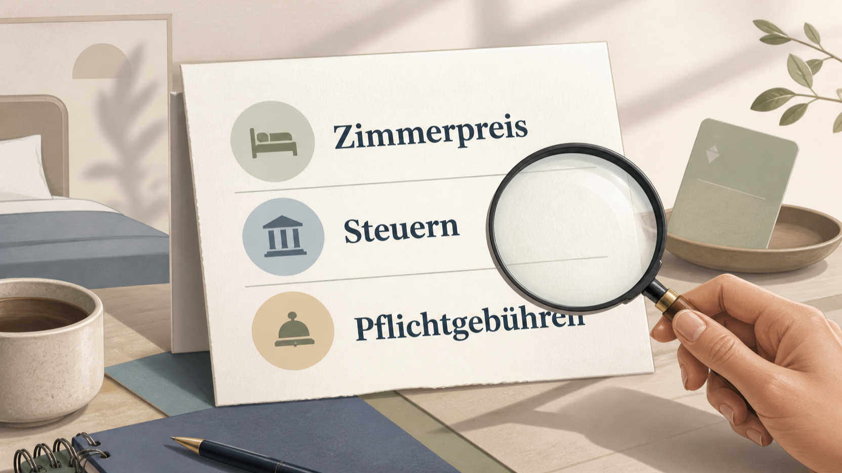 Redaktionelle Illustration zu Echte Hotelrabatte erkennen: Gebühren, Bedingungen und Vergleichspreise prüfen