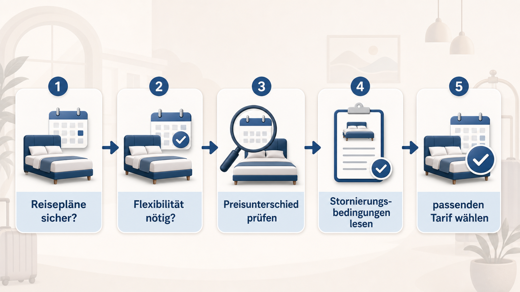 Redaktionelle Illustration zu Hotels günstiger buchen: Buchungszeitpunkt, Flexibilität und Tarifbedingungen einordnen
